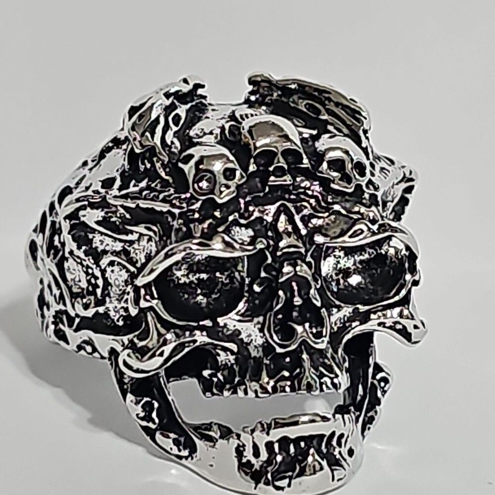 Mens Gothic Skull Ring W/ Dragon & Skull Engraving Adjustable Open Band Alloy